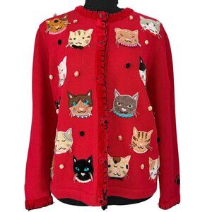 VINTAGE 80s Berek by Takako Sakon Red Cat Cardigan Sweater Medium